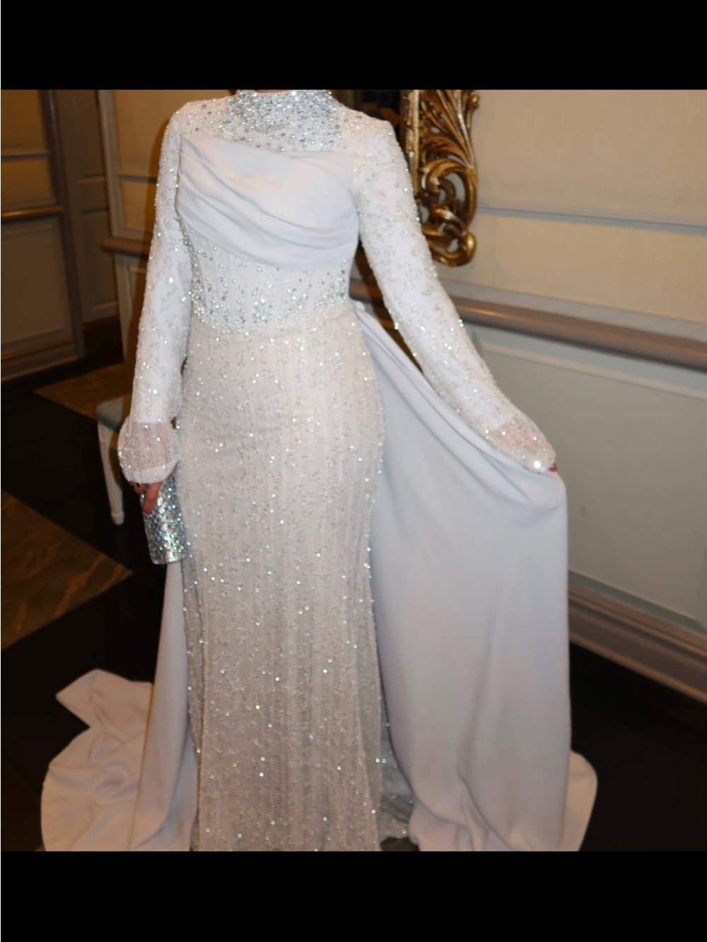 Beaded White Long-Sleeve Maxi Gown with Cape